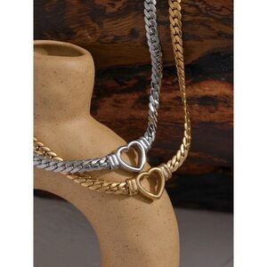Zara Silver Heart Interlock Center Love Pendant Link Chain Necklace Herringbone